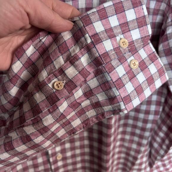 David Donahue shirt mens medium NEW button down check red linen cotton chore - Picture 9 of 11